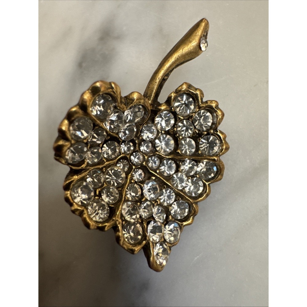Vintage Pin Brooch Gold Tone White Rhinestone Leaf 1.5"